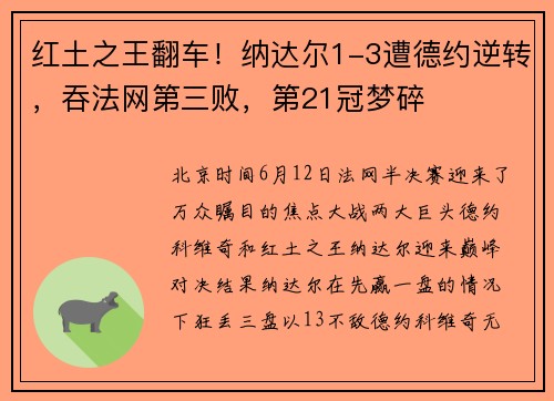 红土之王翻车！纳达尔1-3遭德约逆转，吞法网第三败，第21冠梦碎